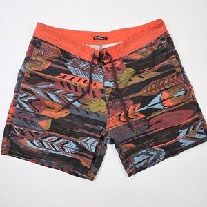 Deus Ex Machina Board Shorts Men Red Feather Arrow Swim Trunks Size 32 Inseam 6”